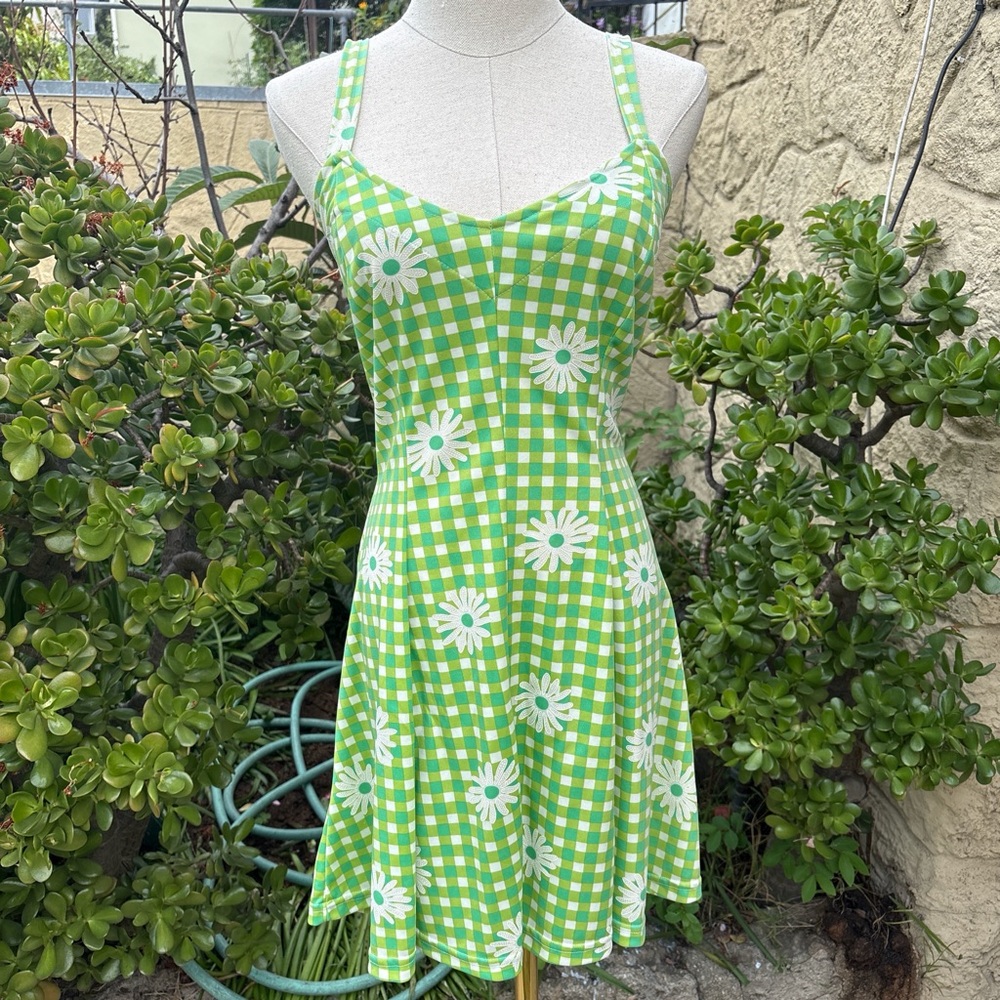 VTG Y2K Green Checkered Gingham Sundress with Daisy Print
